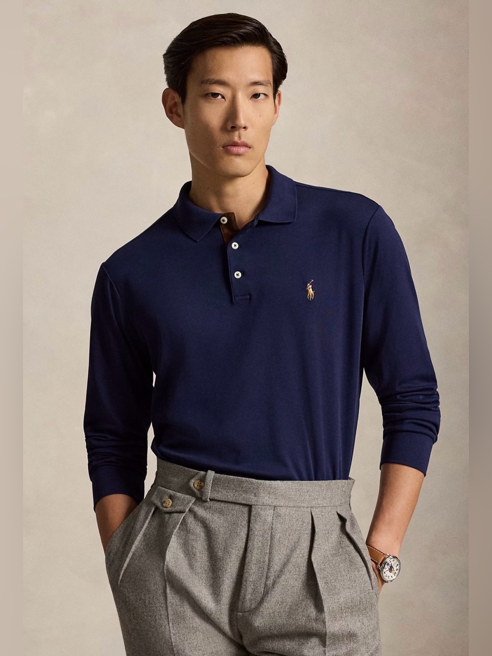 NWT Polo Ralph Lauren NAVY BLUE Soft Cotton Long Sleeve Collared Polo Shirt